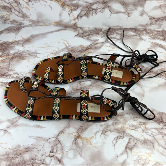 ❣️VALENTINO❣️Stone Embellished Lace Up Ankle Wrap Sandals Size 7 / Size EU 37 - Picture 5 of 13